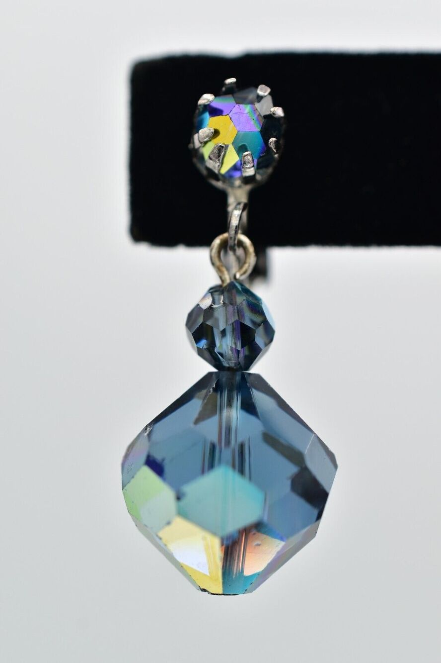 Laguna Vintage AB Blue Crystal Drop Clip On Earrings Dangle Signed 50s 1950s A24